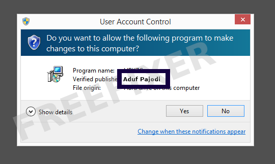 Screenshot where Aduf Pajodi appears as the verified publisher in the UAC dialog